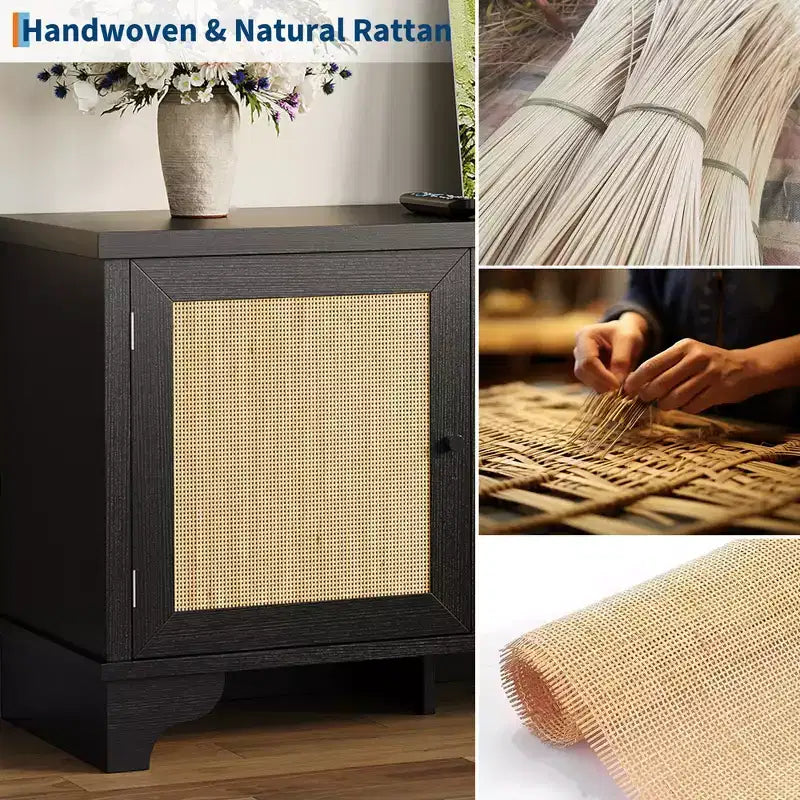Mobile TV Rustico in Rattan Colore Nero/Legno con Mobiletti a 2 Ante e Ripiani aperti