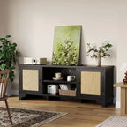 Mobile TV Rustico in Rattan Colore Nero/Legno con Mobiletti a 2 Ante e Ripiani aperti