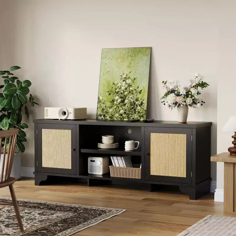 Mobile TV Rustico in Rattan Colore Nero/Legno con Mobiletti a 2 Ante e Ripiani aperti