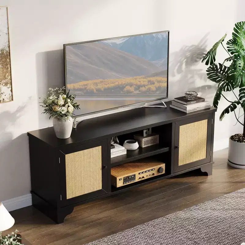 Mobile TV Rustico in Rattan Colore Nero/Legno con Mobiletti a 2 Ante e Ripiani aperti
