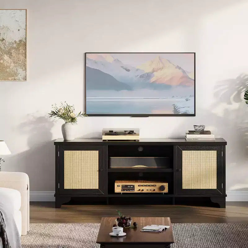 Rattan TV Stand for TVs Up to 70 Inches Wooden Media Console Table with Cabinets and Open Shelves, Stylish Entertainment Center for Living Room