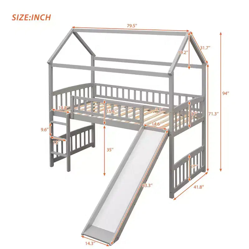 Letto a soppalco singolo Gray House con scivolo e scaletta, 1 bambino