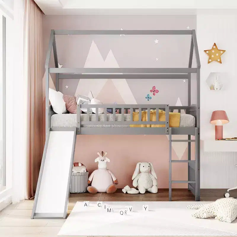Letto a soppalco singolo Gray House con scivolo e scaletta, 1 bambino