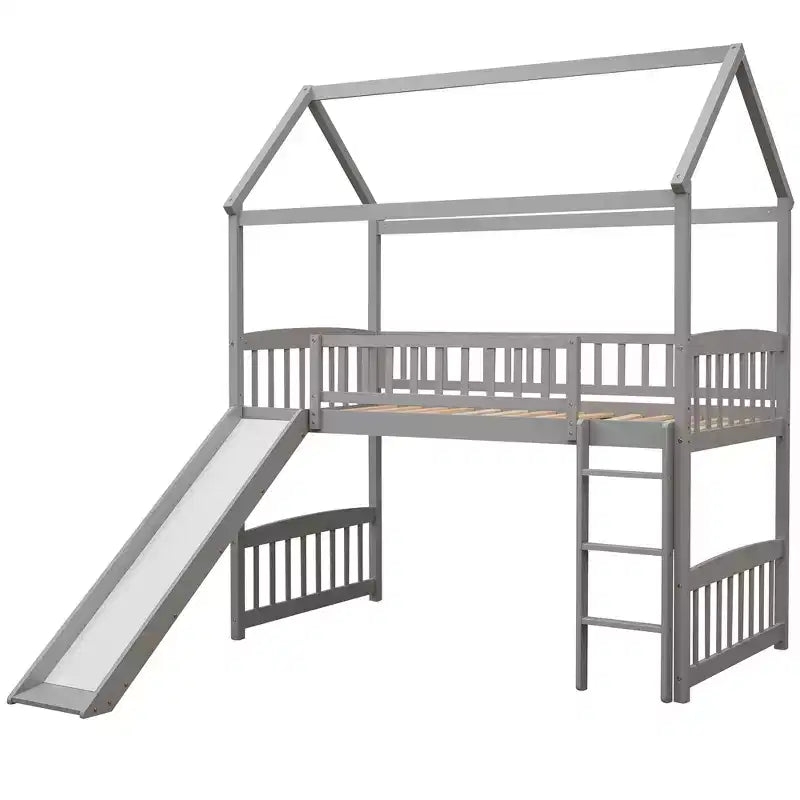 Letto a soppalco singolo Gray House con scivolo e scaletta, 1 bambino