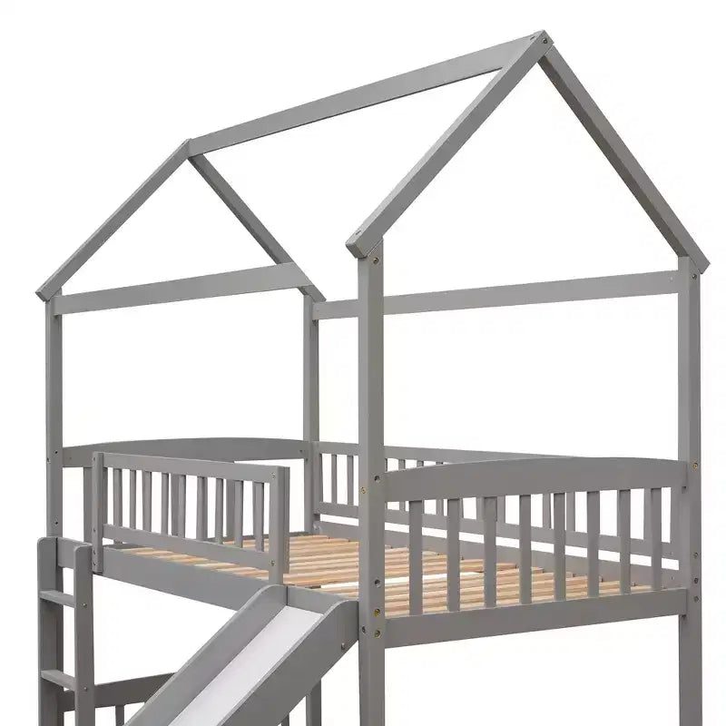 Letto a soppalco singolo Gray House con scivolo e scaletta, 1 bambino
