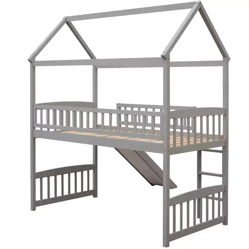 Letto a soppalco singolo Gray House con scivolo e scaletta, 1 bambino