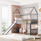 Letto a soppalco singolo Gray House con scivolo e scaletta, 1 bambino