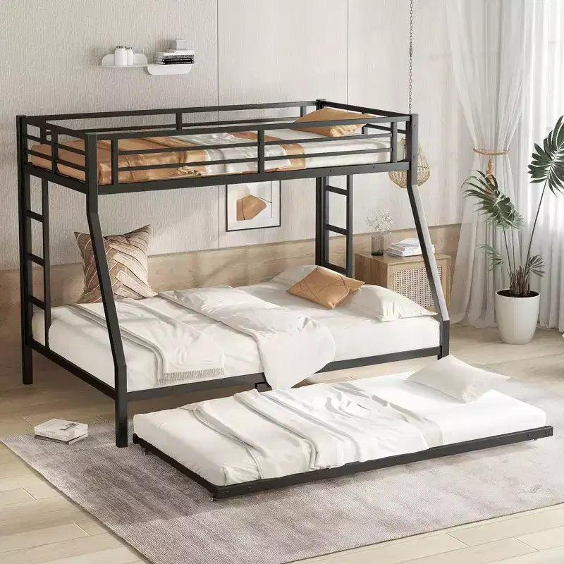 Bellemave Metal Bunk Bed with Trundle, Twin Over Full Bunk with Guardrail Trundle and Ladder for Kids/Teenagers, Adults, No Box Spring Needed Black