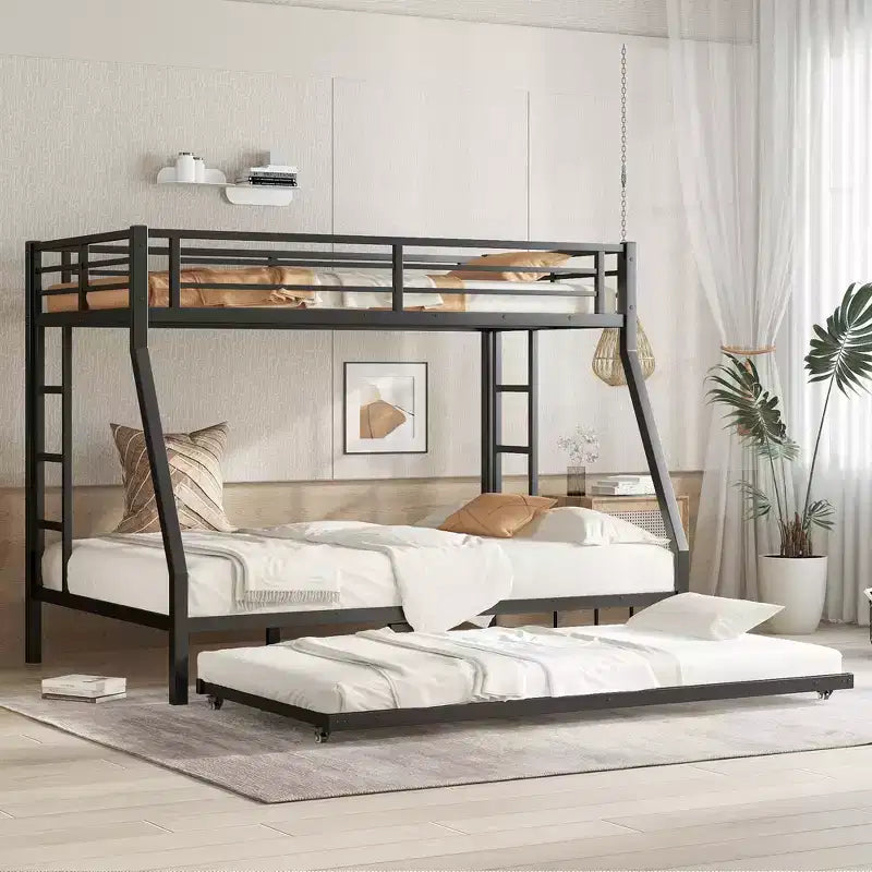 Letto a castello in metallo nero a una piazza e mezza con letto estraibile, 3 posti letto