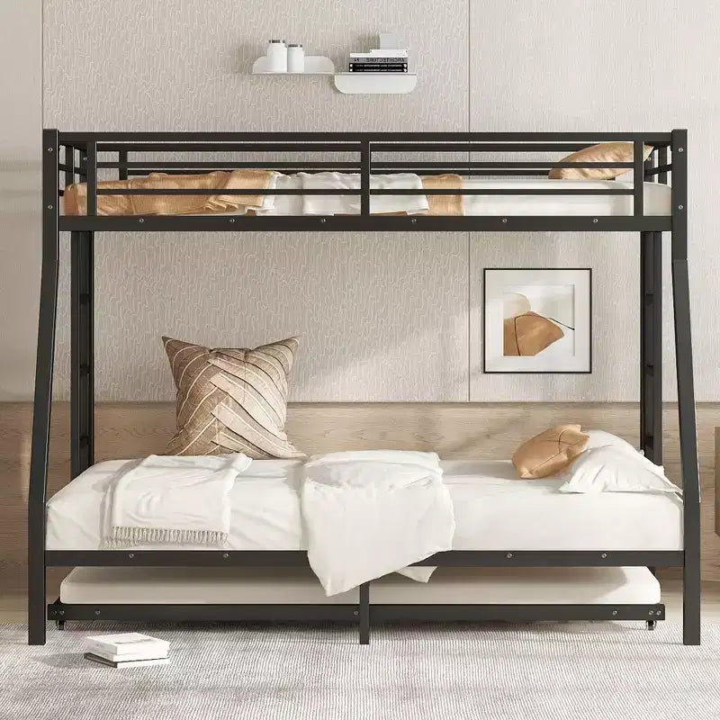 Letto a castello in metallo nero a una piazza e mezza con letto estraibile, 3 posti letto
