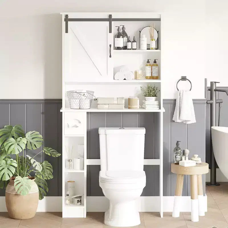 Over The Toilet Storage Cabinet, Double Door Bathroom Organizer with Adjustable Shelves & Toilet Paper Holder for Bathroom Space Saving White