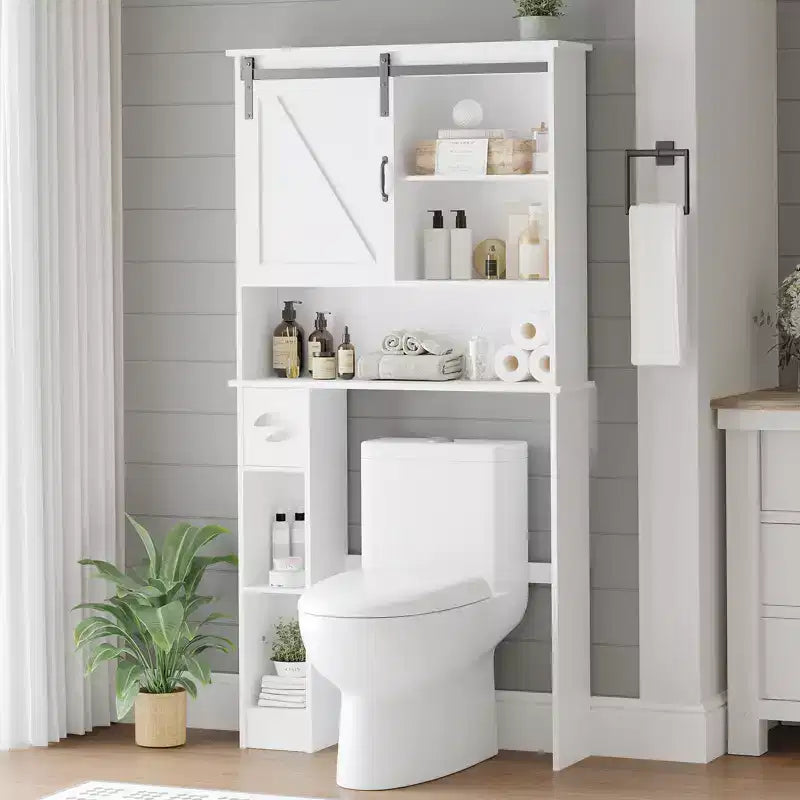 Mobiletto contenitore bianco da sopra il WC con ripiani regolabili e portarotolo