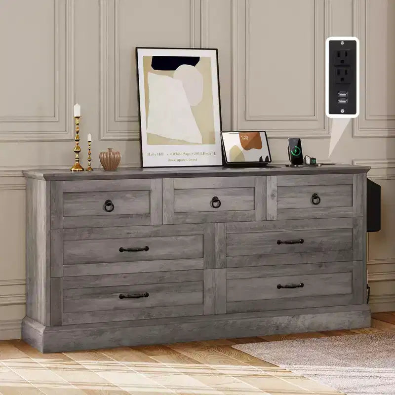 59inche Wide Farmhouse 7 Drawers Dresser Wood Rustic Drawers with Nice Texture Vintage Design Storage Dressers Organizer