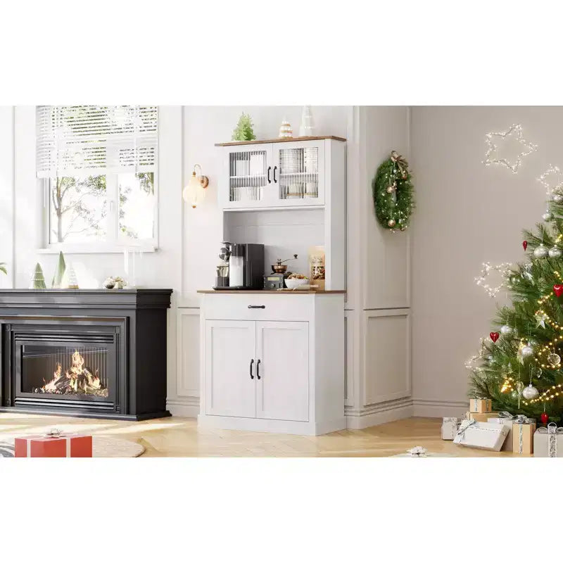 Dispensa da cucina autoportante color grigio pastello/bianco slavato con supporto per microonde, 4 ante, altezza 180 cm – Per 1