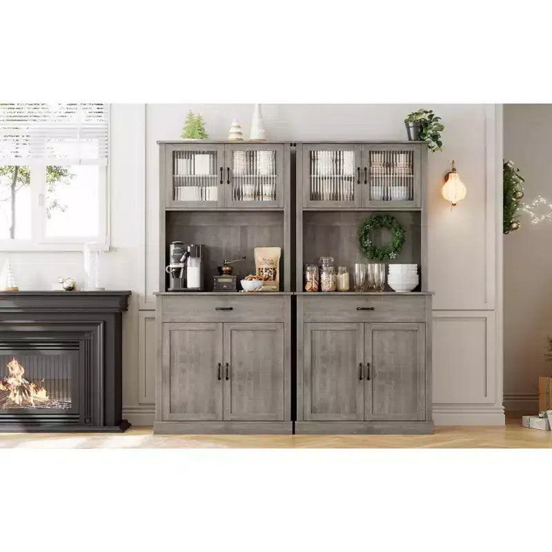 Dispensa da cucina autoportante color grigio pastello/bianco slavato con supporto per microonde, 4 ante, altezza 180 cm – Per 1