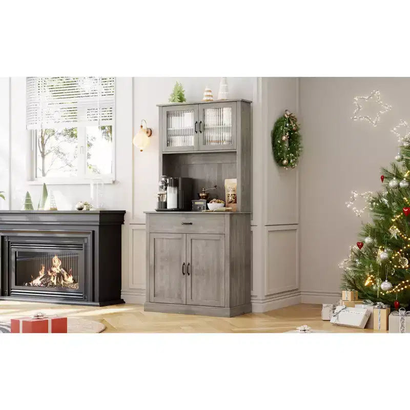 Dispensa da cucina autoportante color grigio pastello/bianco slavato con supporto per microonde, 4 ante, altezza 180 cm – Per 1