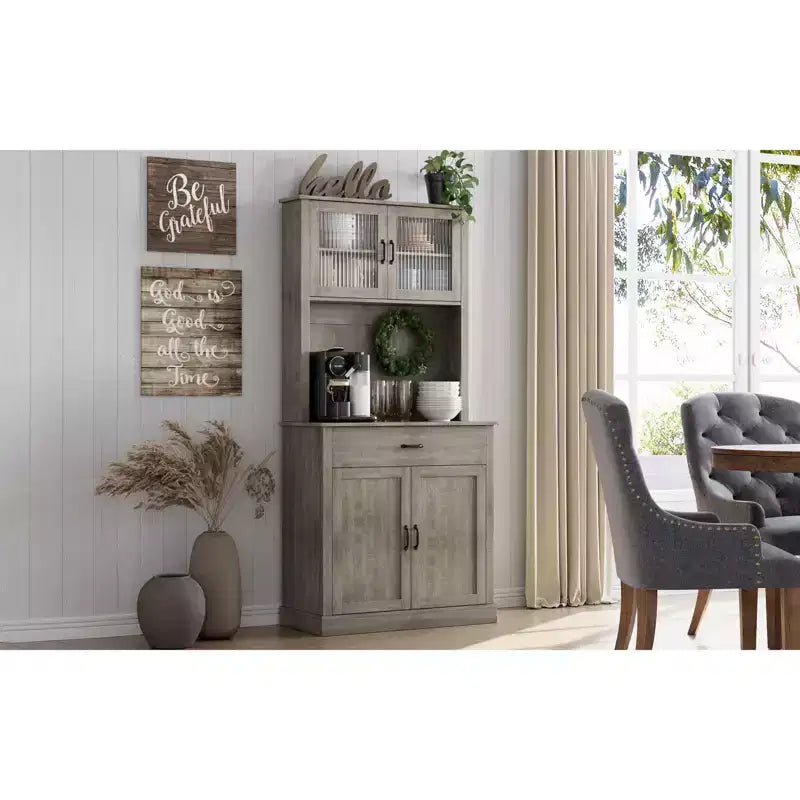 COZONY 70 Tall Kitchen Pantry Cabinet with Microwave Stand&Coffee Bar Wooden Freestanding Hutch with 4 Doors & Adjustable Shelves for Dining Room