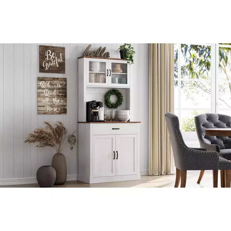 Dispensa da cucina autoportante color grigio pastello/bianco slavato con supporto per microonde, 4 ante, altezza 180 cm – Per 1