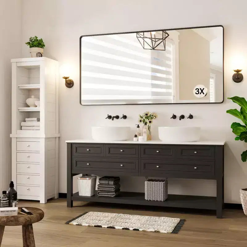 Specchio da parete con cornice in alluminio nero 72"x36", con lente d'ingrandimento 3X staccabile, da appendere in orizzontale o in verticale
