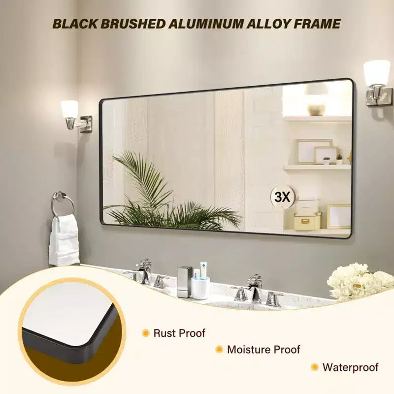 Specchio da parete con cornice in alluminio nero 72"x36", con lente d'ingrandimento 3X staccabile, da appendere in orizzontale o in verticale