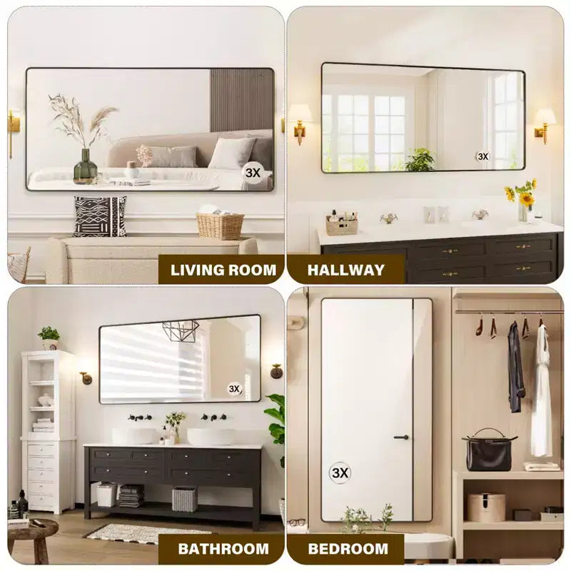 Specchio da parete con cornice in alluminio nero 72"x36", con lente d'ingrandimento 3X staccabile, da appendere in orizzontale o in verticale