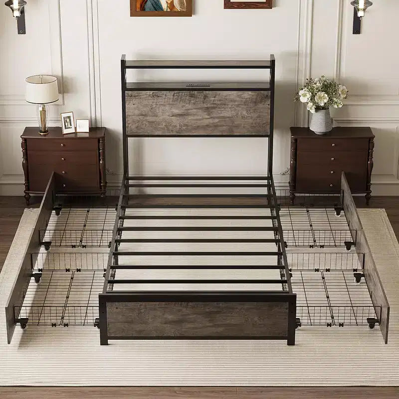 Letto a Piattaforma in Metallo Grigio con Cassetti Contenitore, Luci LED e Stazione di Ricarica – Matrimoniale a Una Piazza/a Una Piazza e Mezza/Queen/King