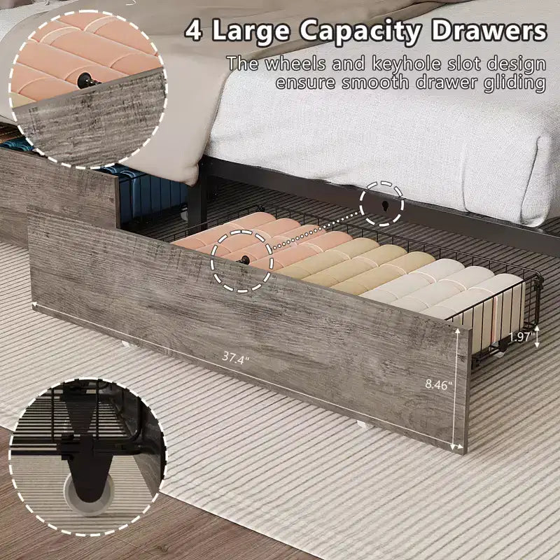 Letto a Piattaforma in Metallo Grigio con Cassetti Contenitore, Luci LED e Stazione di Ricarica – Matrimoniale a Una Piazza/a Una Piazza e Mezza/Queen/King