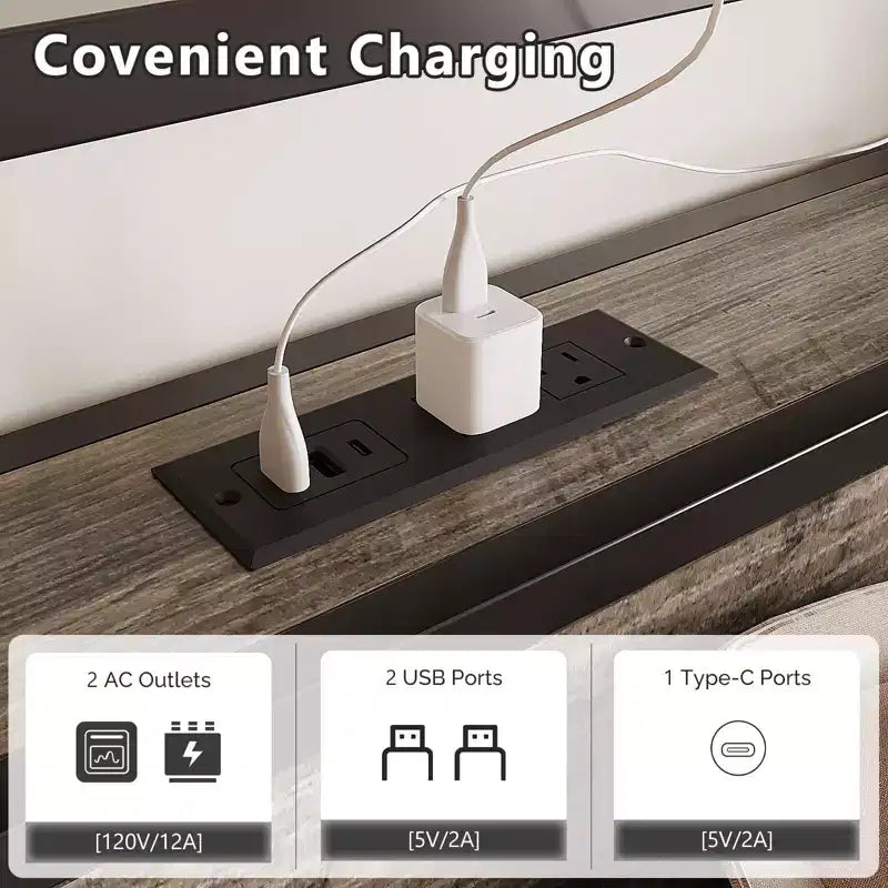 Letto a Piattaforma in Metallo Grigio con Cassetti Contenitore, Luci LED e Stazione di Ricarica – Matrimoniale a Una Piazza/a Una Piazza e Mezza/Queen/King