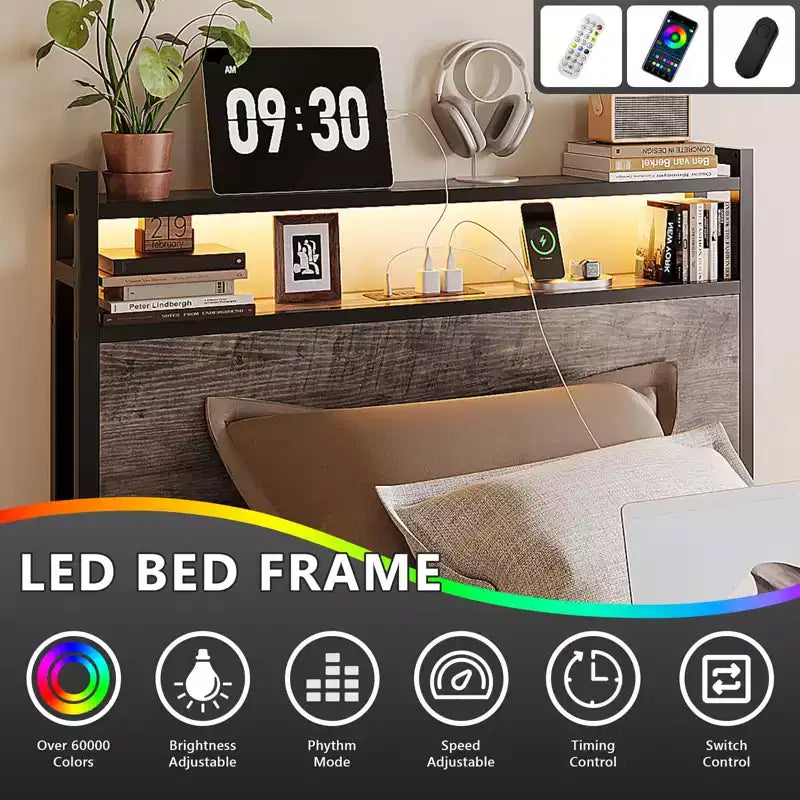 Letto a Piattaforma in Metallo Grigio con Cassetti Contenitore, Luci LED e Stazione di Ricarica – Matrimoniale a Una Piazza/a Una Piazza e Mezza/Queen/King