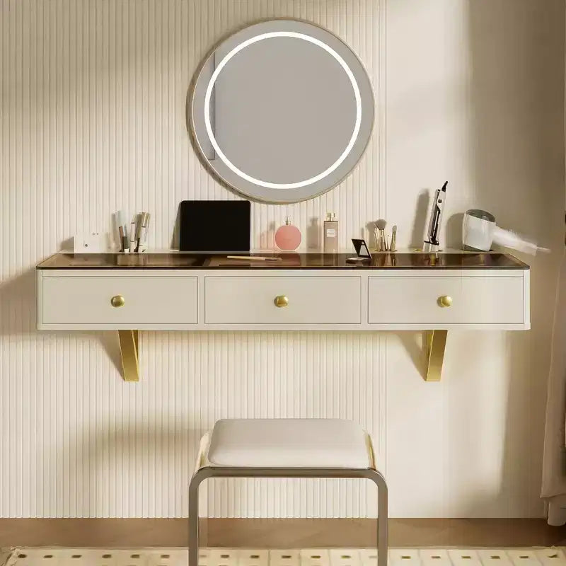 Scrivania da trucco a parete beige/nera con cassetti, 1 persona