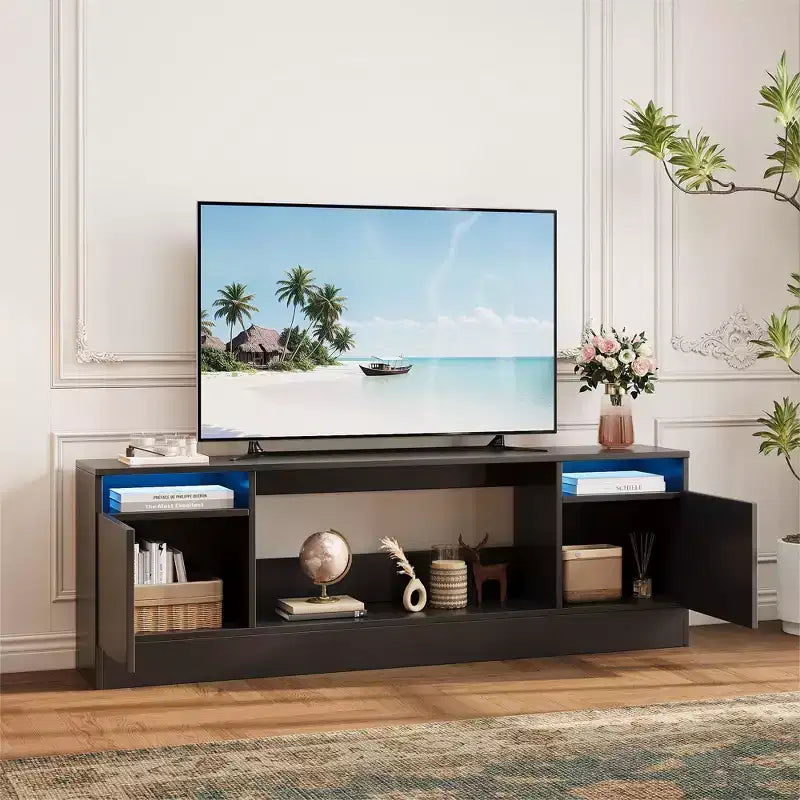 Mobile TV da 70'' nero/grigio/bianco per montaggio a 2 persone, adatto a TV fino a 75'', con spazio contenitore e apertura per inserto caminetto