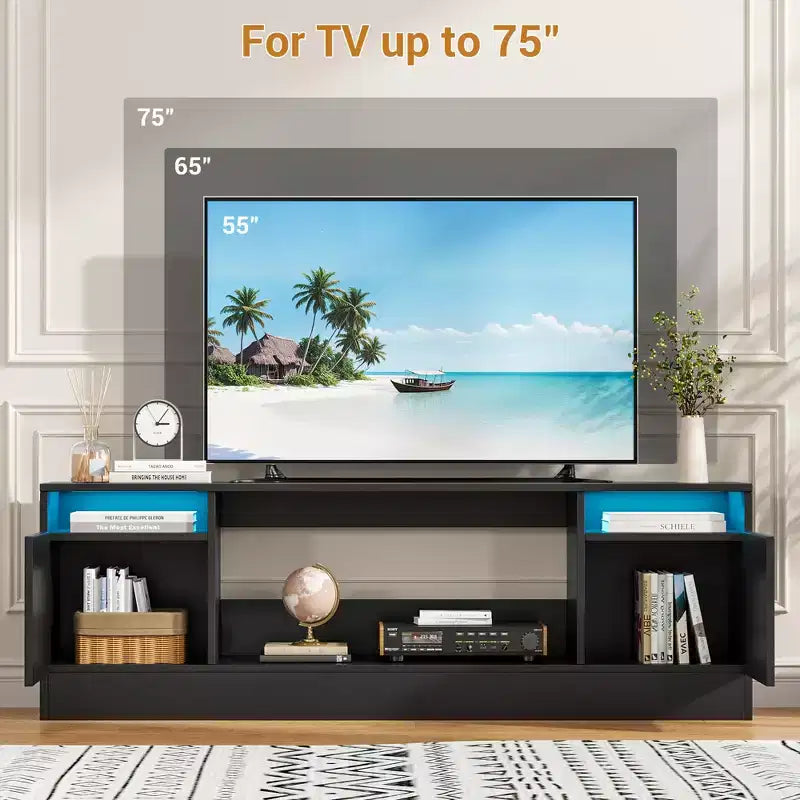 Mobile TV da 70'' nero/grigio/bianco per montaggio a 2 persone, adatto a TV fino a 75'', con spazio contenitore e apertura per inserto caminetto