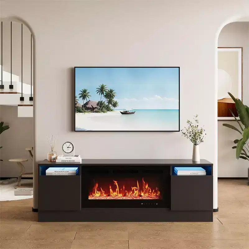 Modern TV Stand for TVs Up to 75'', 70 Wooden Entertainment Center with Storage, Compatible with 36 Electric Fireplace (Fireplace Not Included)