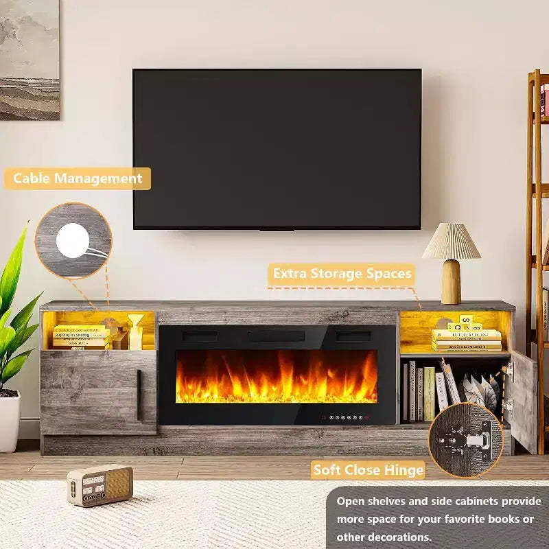 Mobile TV da 70'' nero/grigio/bianco per montaggio a 2 persone, adatto a TV fino a 75'', con spazio contenitore e apertura per inserto caminetto