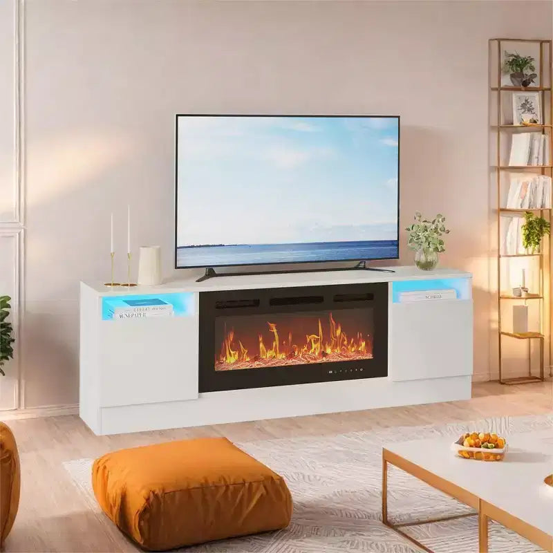 Mobile TV da 70'' nero/grigio/bianco per montaggio a 2 persone, adatto a TV fino a 75'', con spazio contenitore e apertura per inserto caminetto