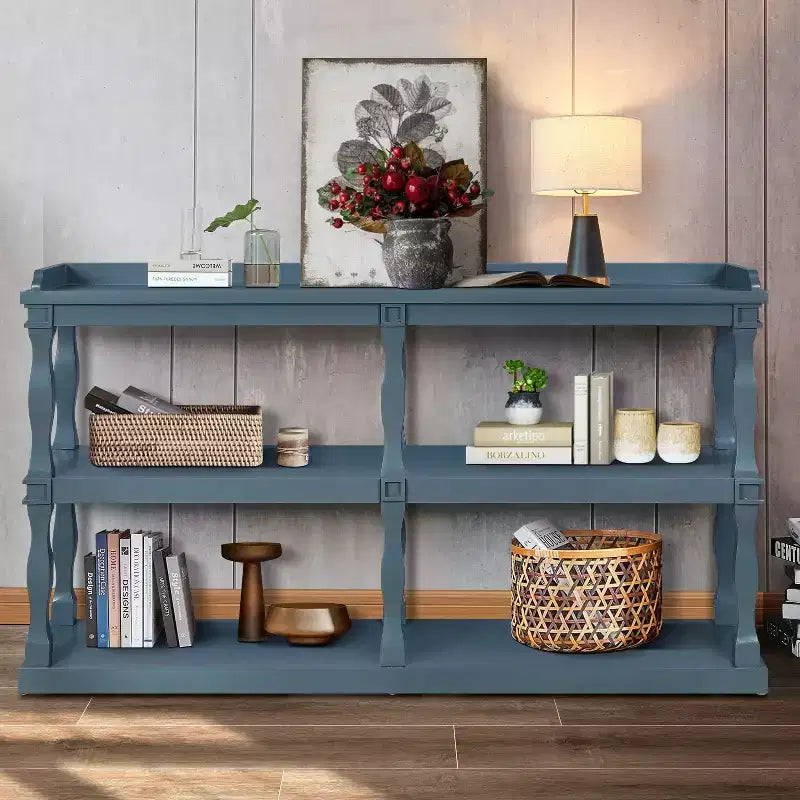 Okak Entryway Table with 3-Tier Open Storage Spaces, Console Table with Roman Column Effect Support Legs, Narrow Console Table for Hallway