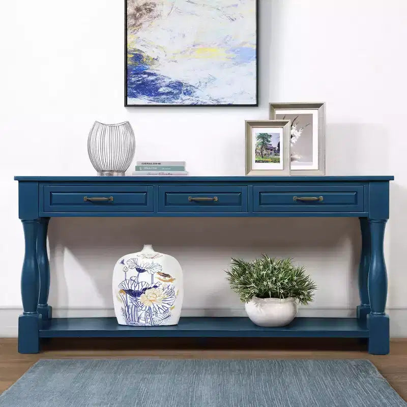 Tavolo Consolle Vintage Marrone/Espresso/Blu Marino/Blu Retrò/Bianco con 3 Cassetti e Ripiano Inferiore