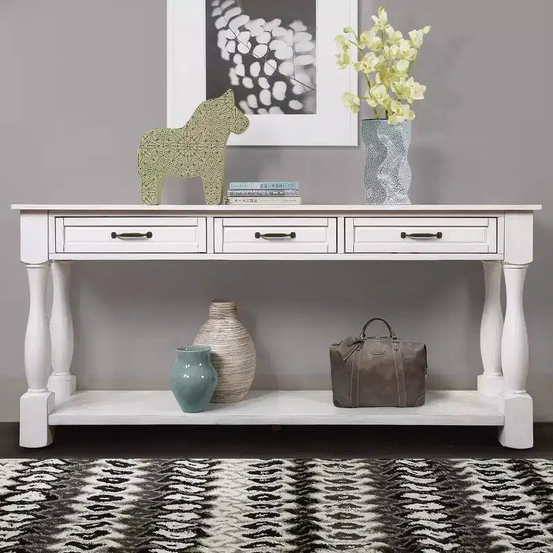 Okak 61IN Vintage Long Pine Console Table, Entryway Table with 3 Drawers and 1 Bottom Shelf, Accent Table for Entryway, Living Room