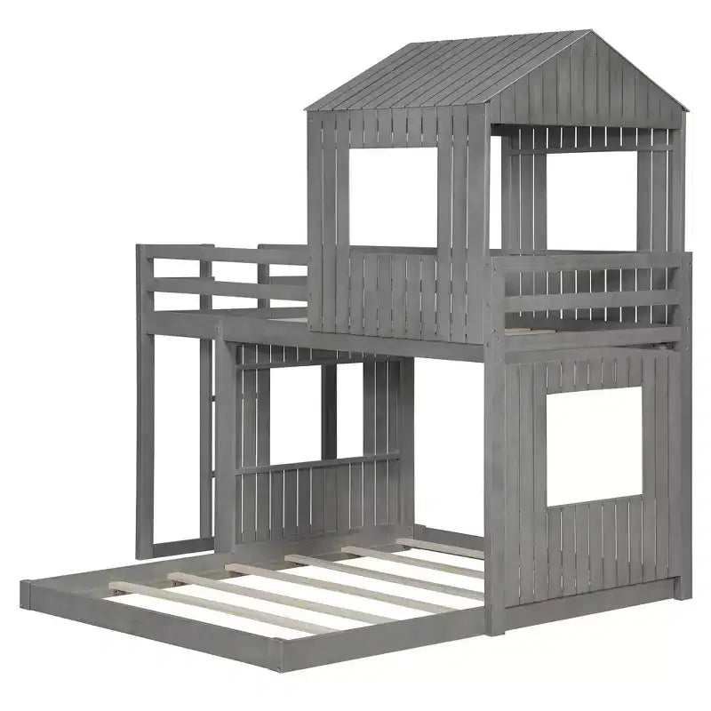 Letto a castello a casetta Twin su Full grigio antico/bianco, struttura letto per bambini per 2