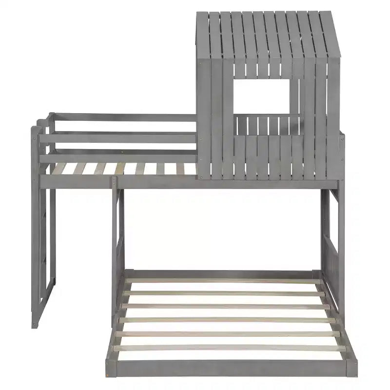 Letto a castello a casetta Twin su Full grigio antico/bianco, struttura letto per bambini per 2