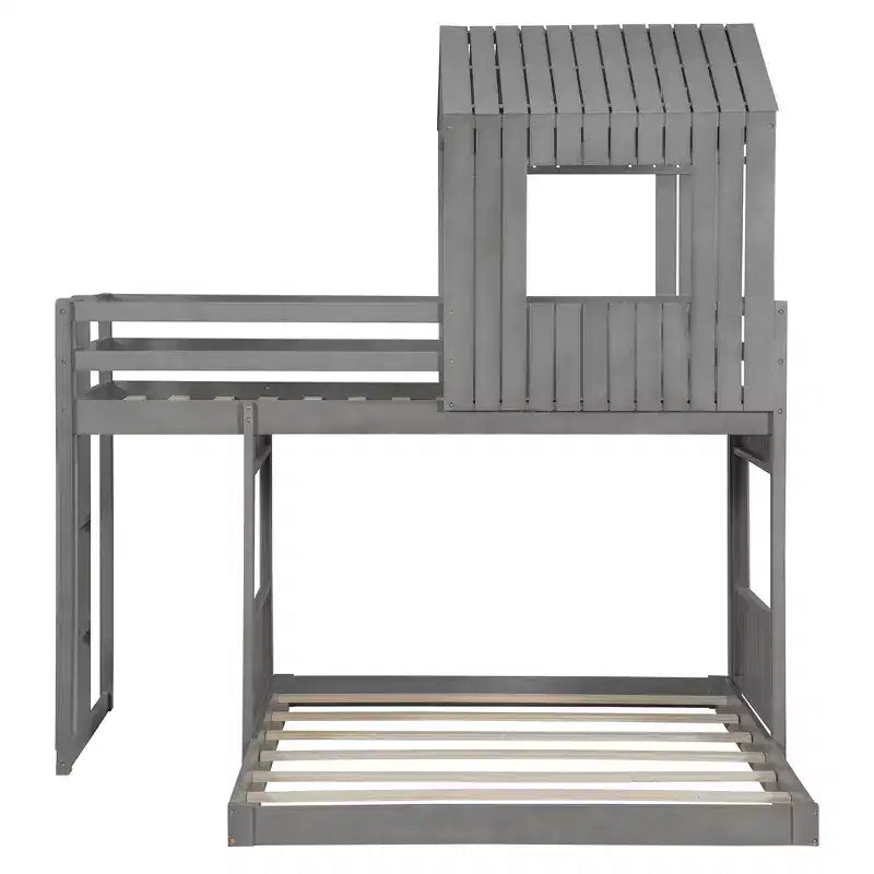 Letto a castello a casetta Twin su Full grigio antico/bianco, struttura letto per bambini per 2