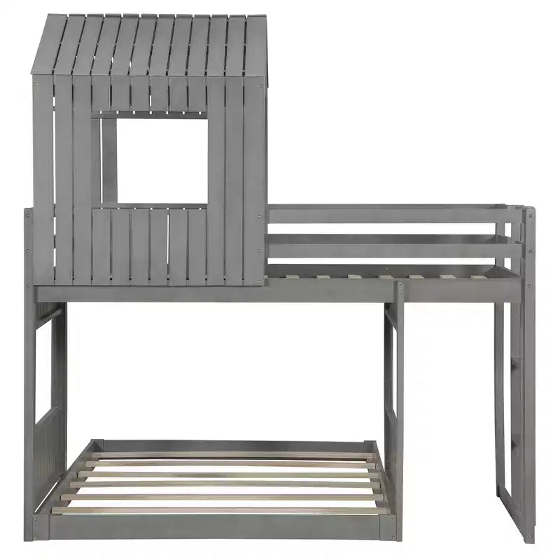 Letto a castello a casetta Twin su Full grigio antico/bianco, struttura letto per bambini per 2