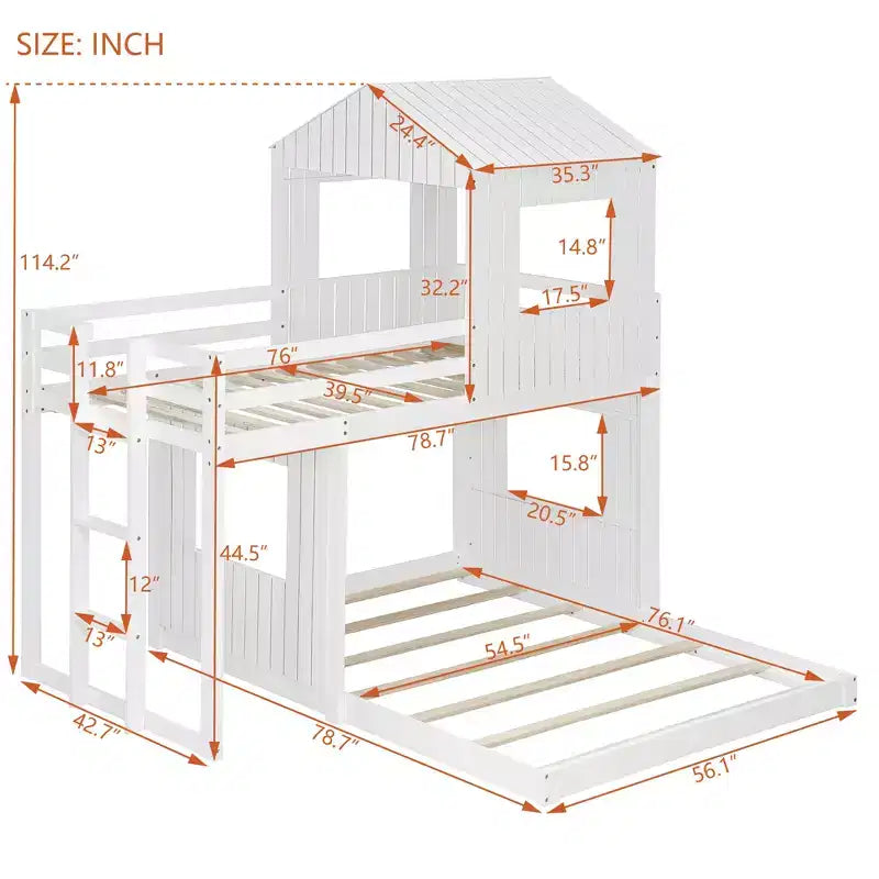 Letto a castello a casetta Twin su Full grigio antico/bianco, struttura letto per bambini per 2