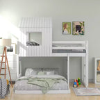 Letto a castello a casetta Twin su Full grigio antico/bianco, struttura letto per bambini per 2