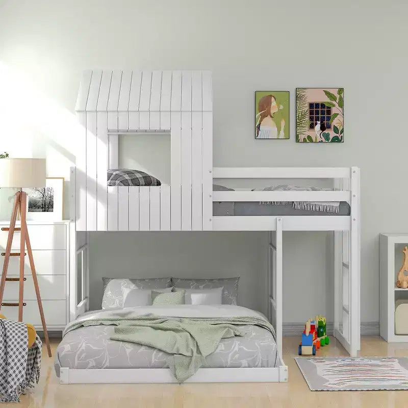 Letto a castello a casetta Twin su Full grigio antico/bianco, struttura letto per bambini per 2