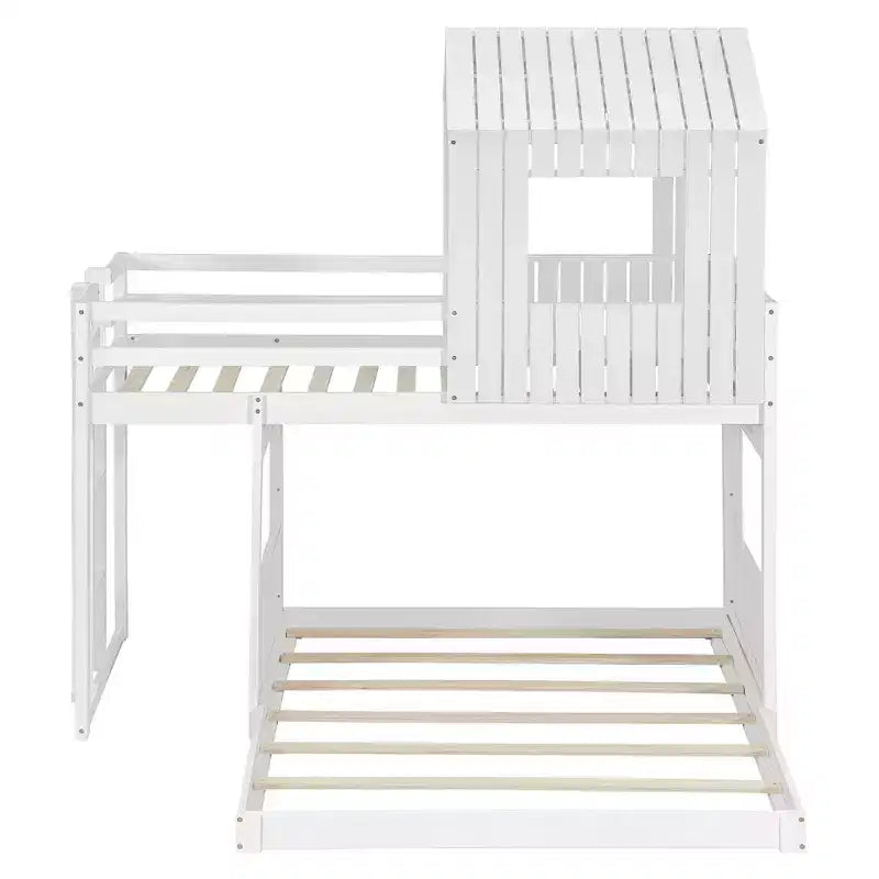 Letto a castello a casetta Twin su Full grigio antico/bianco, struttura letto per bambini per 2