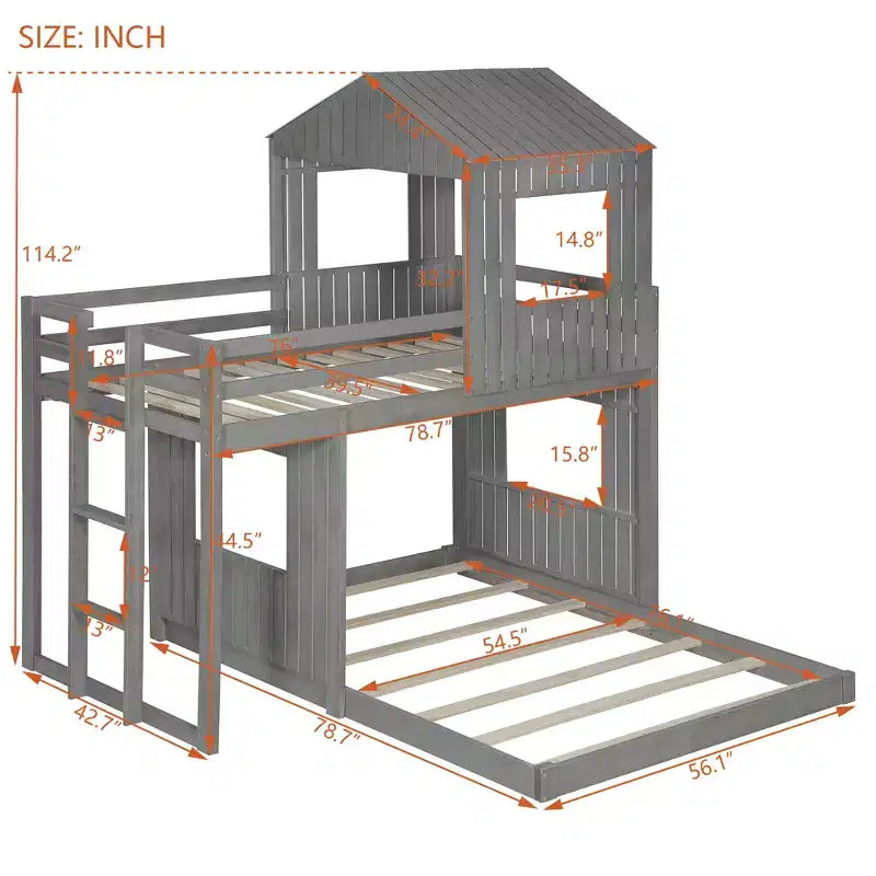 Letto a castello a casetta Twin su Full grigio antico/bianco, struttura letto per bambini per 2