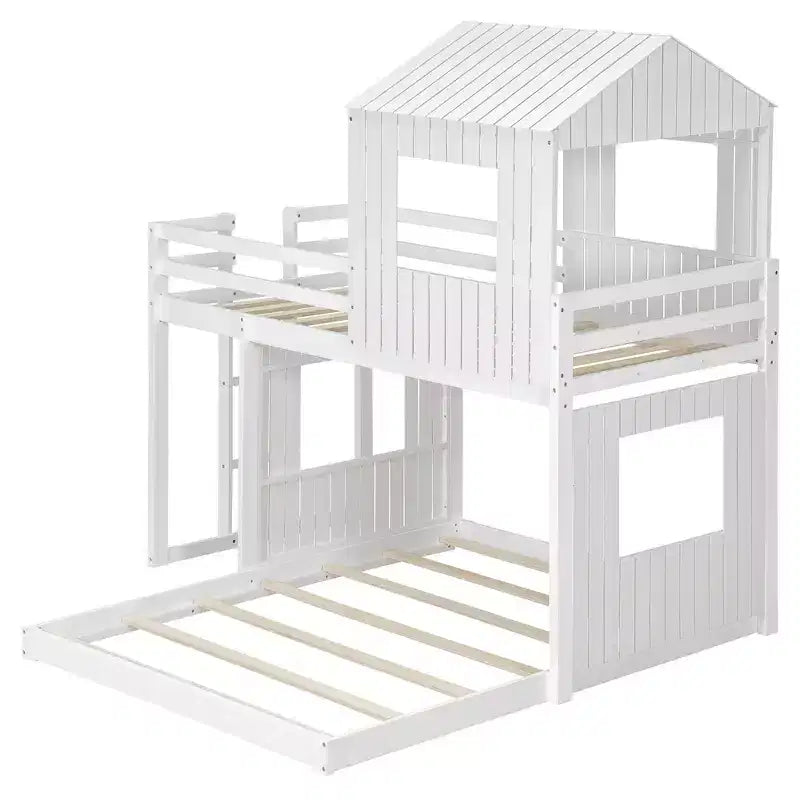 Letto a castello a casetta Twin su Full grigio antico/bianco, struttura letto per bambini per 2