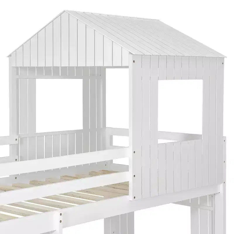 Letto a castello a casetta Twin su Full grigio antico/bianco, struttura letto per bambini per 2