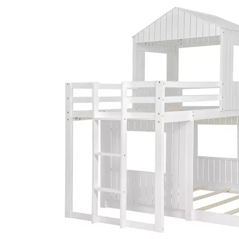 Letto a castello a casetta Twin su Full grigio antico/bianco, struttura letto per bambini per 2